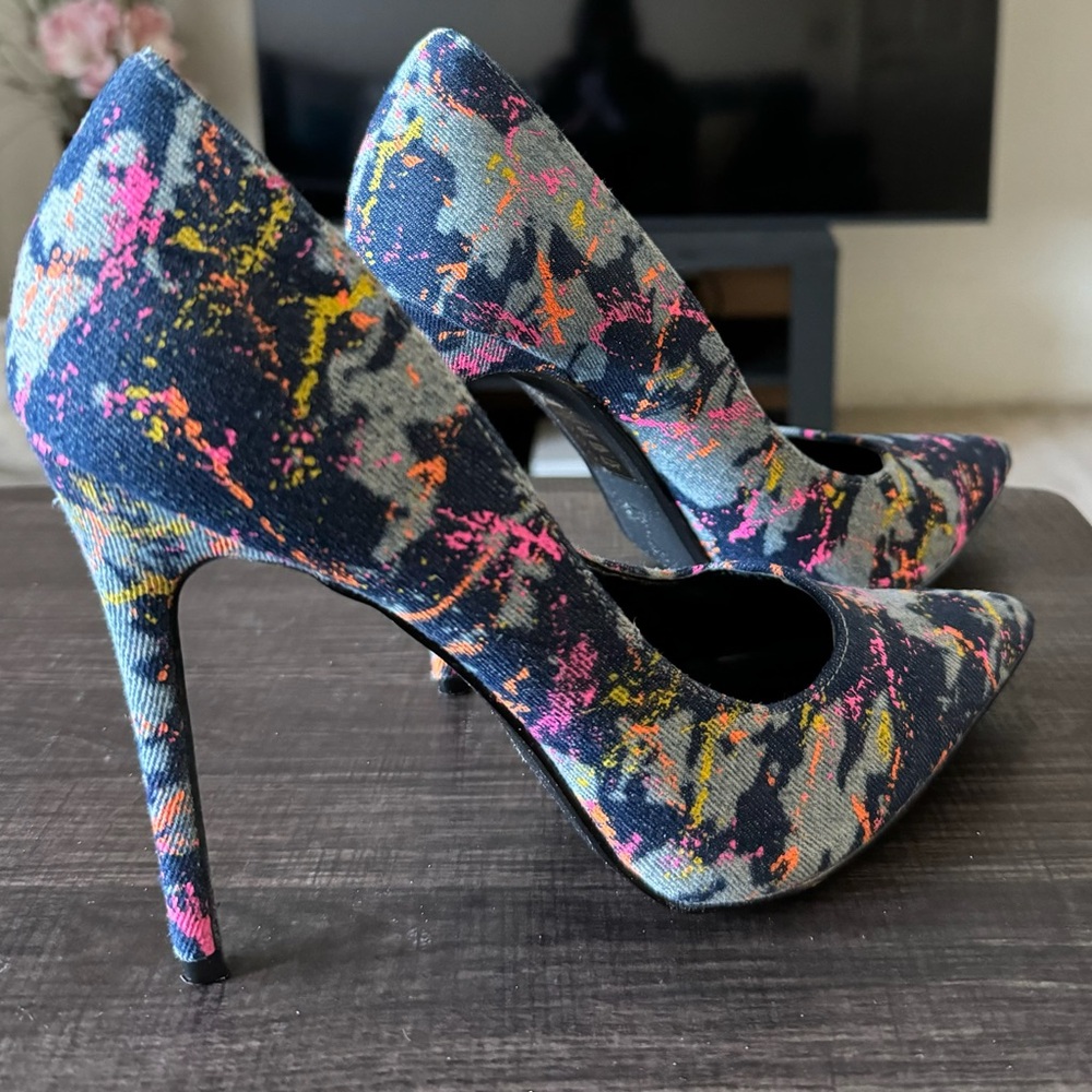 Size 11 Denim splattered paint high heels! Worn only twice.